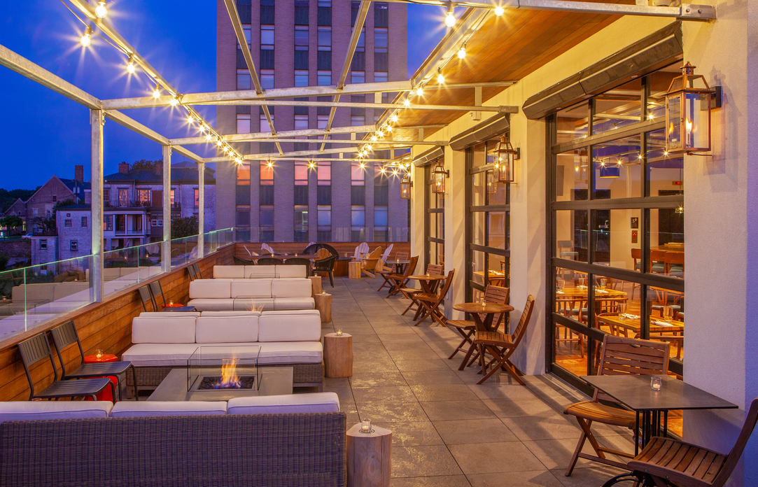 Rooftop patio lounge at dusk